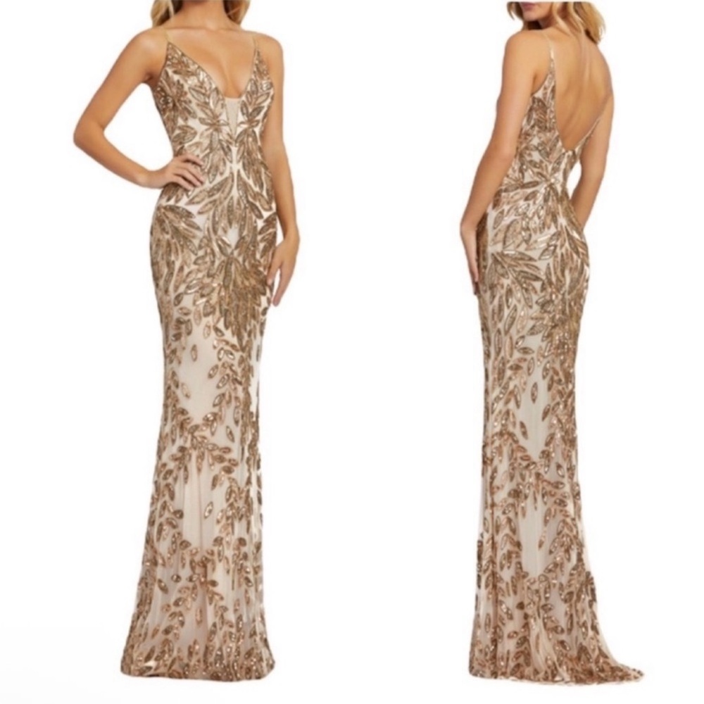 MAC DUGGAL Embellished Leaf Evening Gown NEW Size 12 Nude Gold Dress